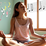A person sitting comfortably, eyes closed, meditating in a sunlit room. Soft, pastel colors dominate the scene. Musical notes gently float around them. The words "What makes me happy?" are subtly visible in the background.