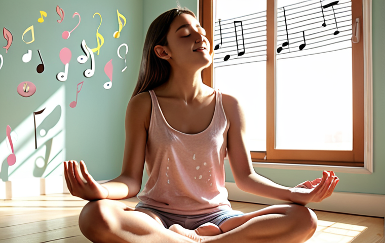 A person sitting comfortably, eyes closed, meditating in a sunlit room. Soft, pastel colors dominate the scene. Musical notes gently float around them. The words "What makes me happy?" are subtly visible in the background.